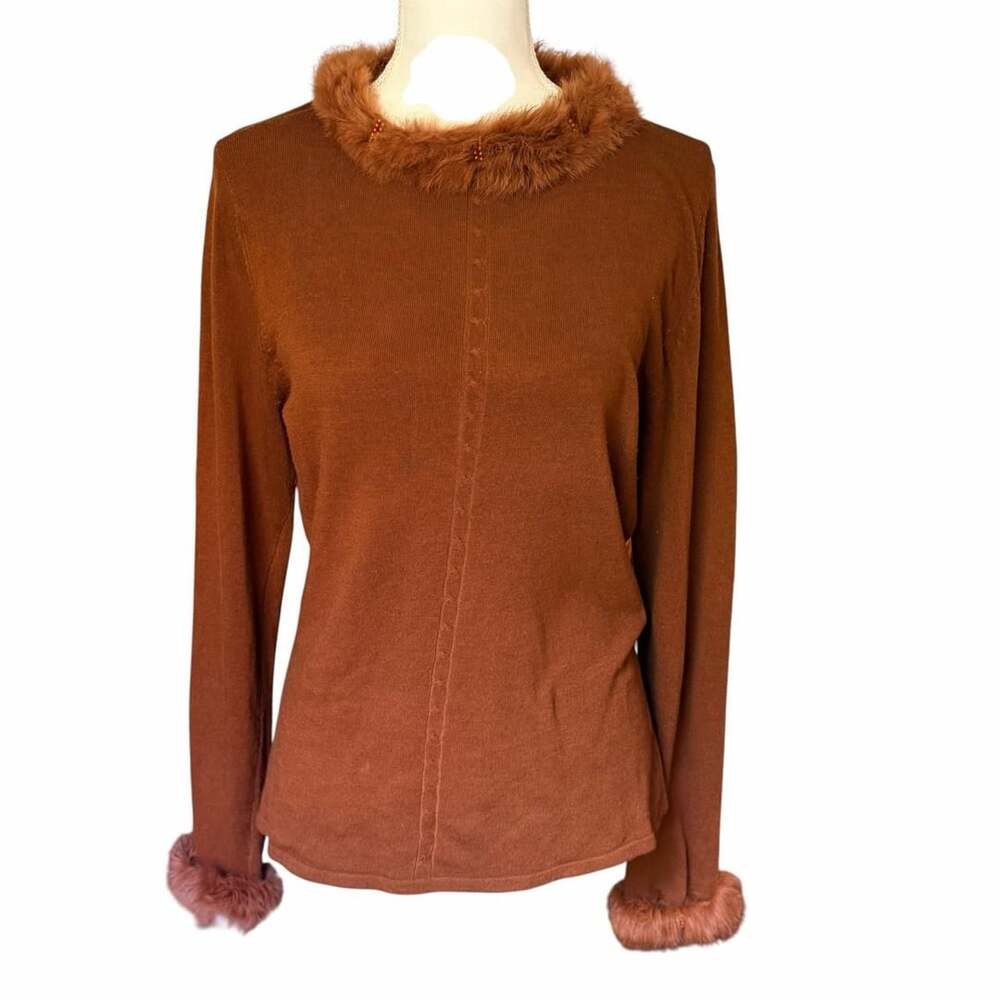 NY Collection Brown Faux Fur Trim Sweater Size S